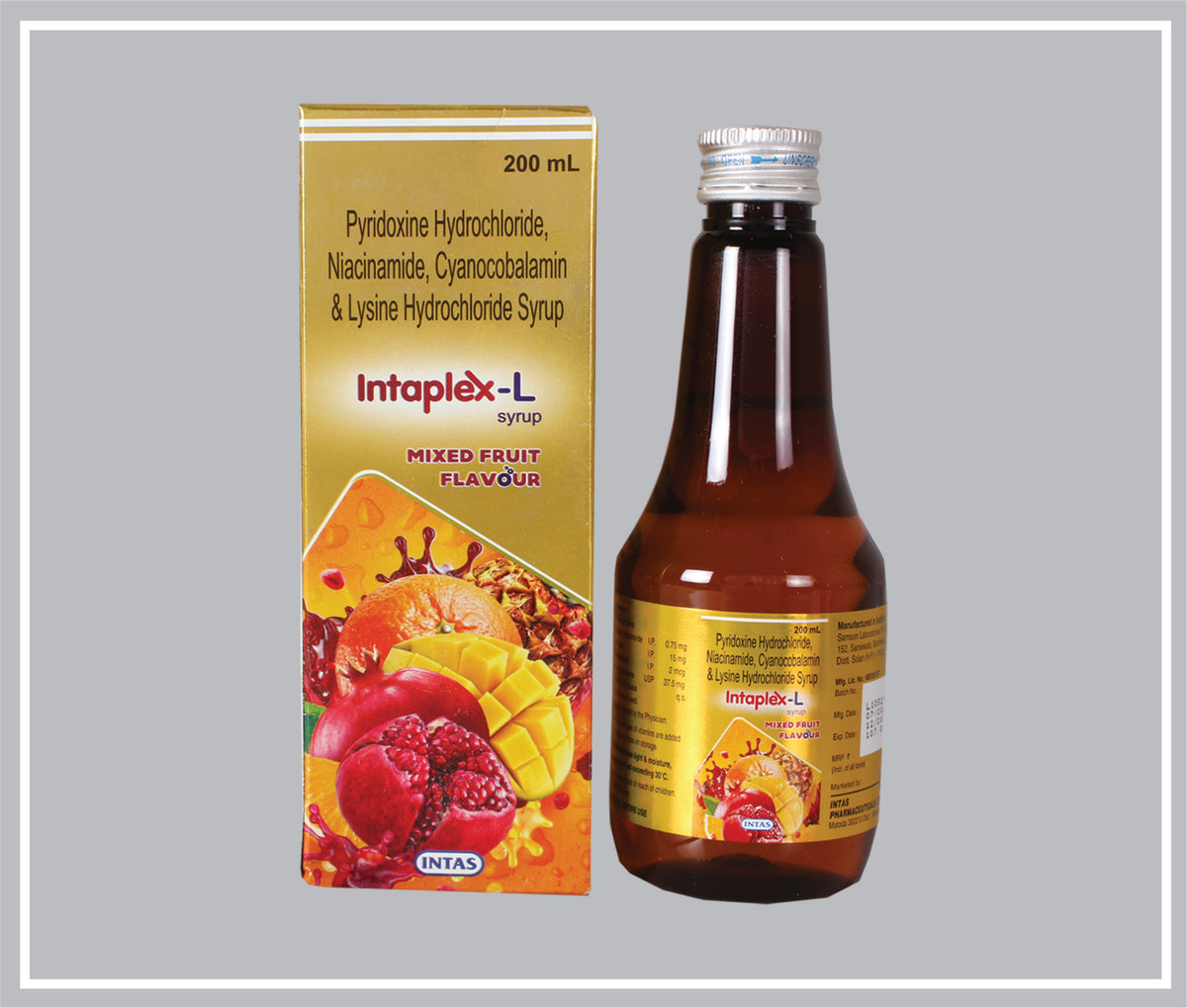 Intaplex-L Syp 200 Ml (Pyridoxine 0.75 Mg, Niacinamide 15 Mg, Cyanocobalamin 15 Mg, Lysine 37.5 Mg Syr) By Intas