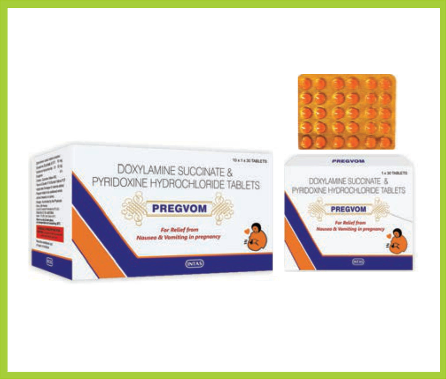 Pregvom 30 Tab Doxylamine Succinate 10 mg + Pyridoxine 10 mg by Intas