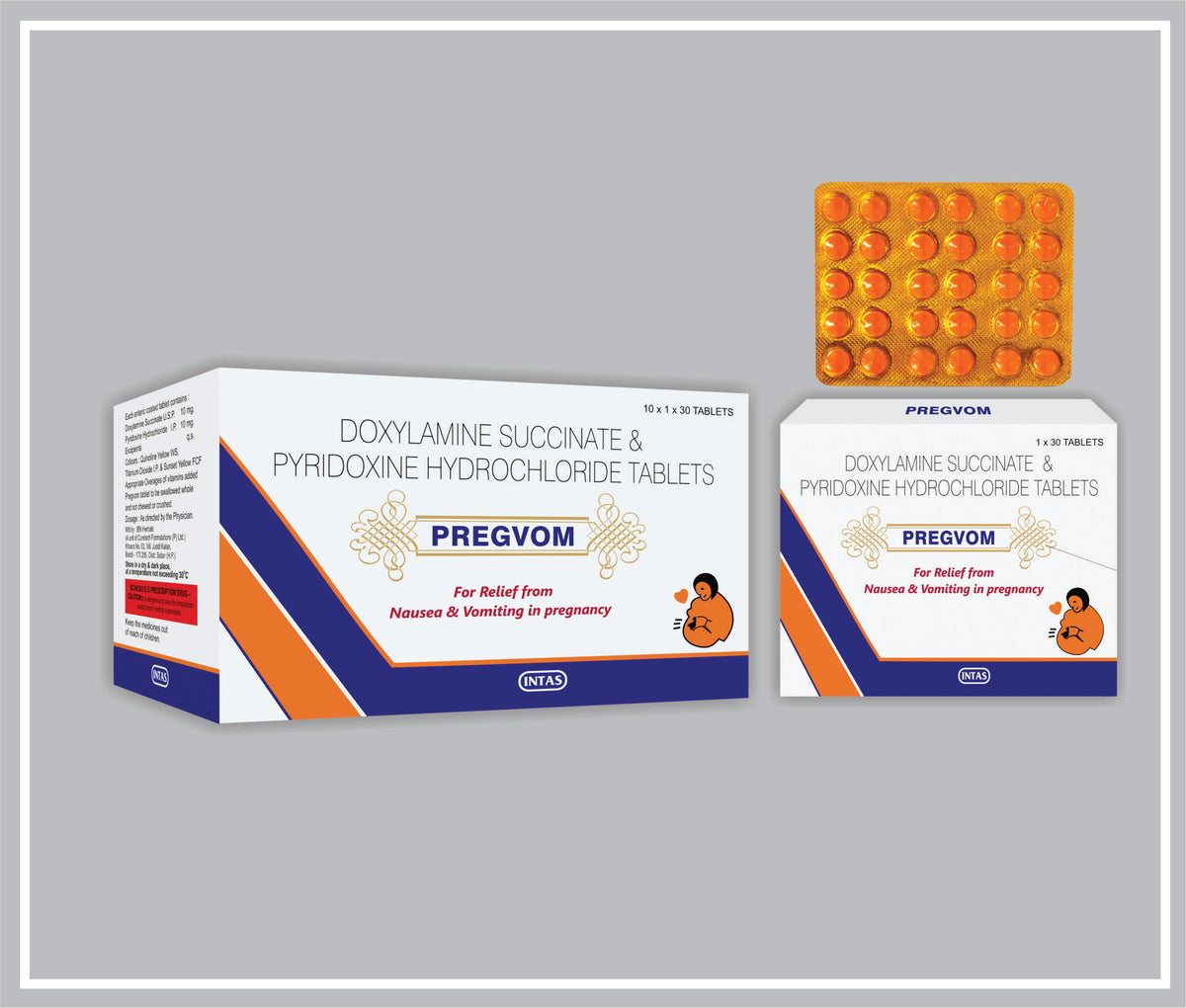 Pregvom 30 Tab (Doxylamine Succinate 10Mg + Pyridoxine 10Mg ) By Intas