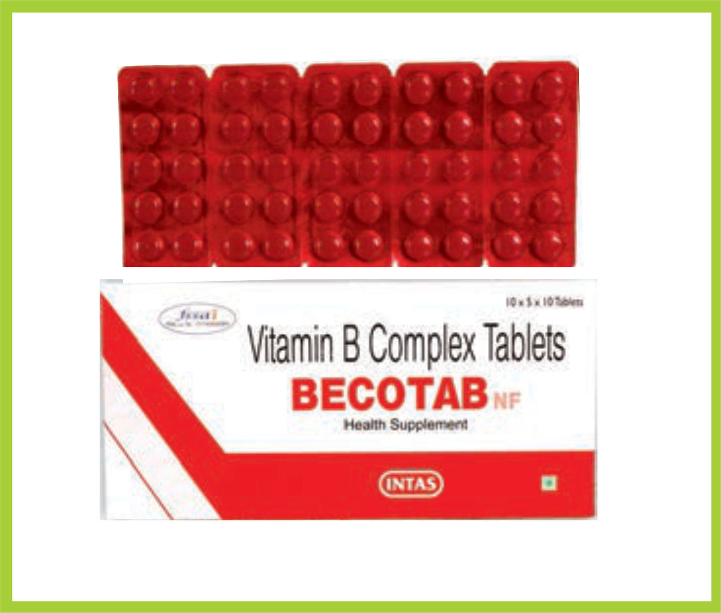 Becotab Nf 10 Tab Niacinamide 15 mg + Thiamine 1 mg + Riboflavin 1 mg + Pyridoxine 0.5 mg + Cyanocobalamin 1 mcg by Intas