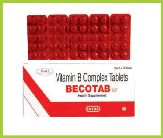 Becotab Nf 10 Tab Niacinamide 15 mg + Thiamine 1 mg + Riboflavin 1 mg + Pyridoxine 0.5 mg + Cyanocobalamin 1 mcg by Intas