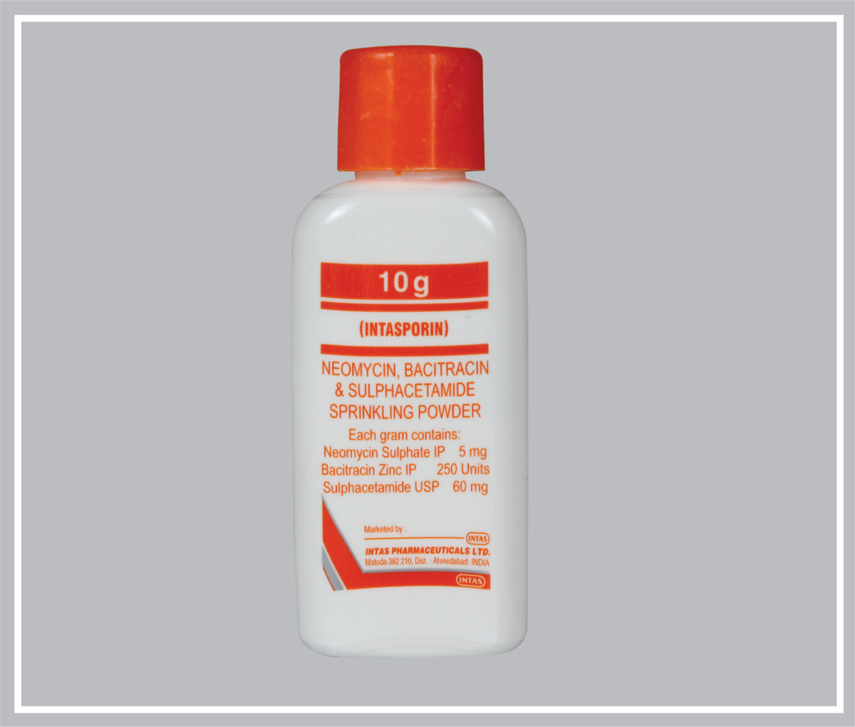 Intasporin Powder 10 Gm (Neomycin 5 Mg, Bacitracin 250 Iu, Sulphacetamide 60 Mg Sprinkling Powder) By Intas