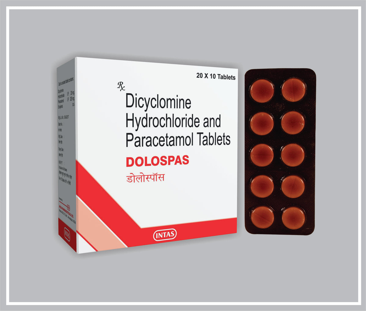Dolospas 10 Tab (Amber Pvc) (Dicyclomine 20 Mg, Paracetamol 325 Mg Tab) By Intas