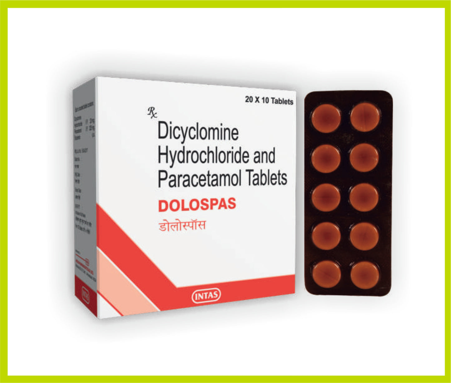 Dolospas 10 Tab (Amber Pvc) Dicyclomine 20 mg + Paracetamol 325 mg by Intas