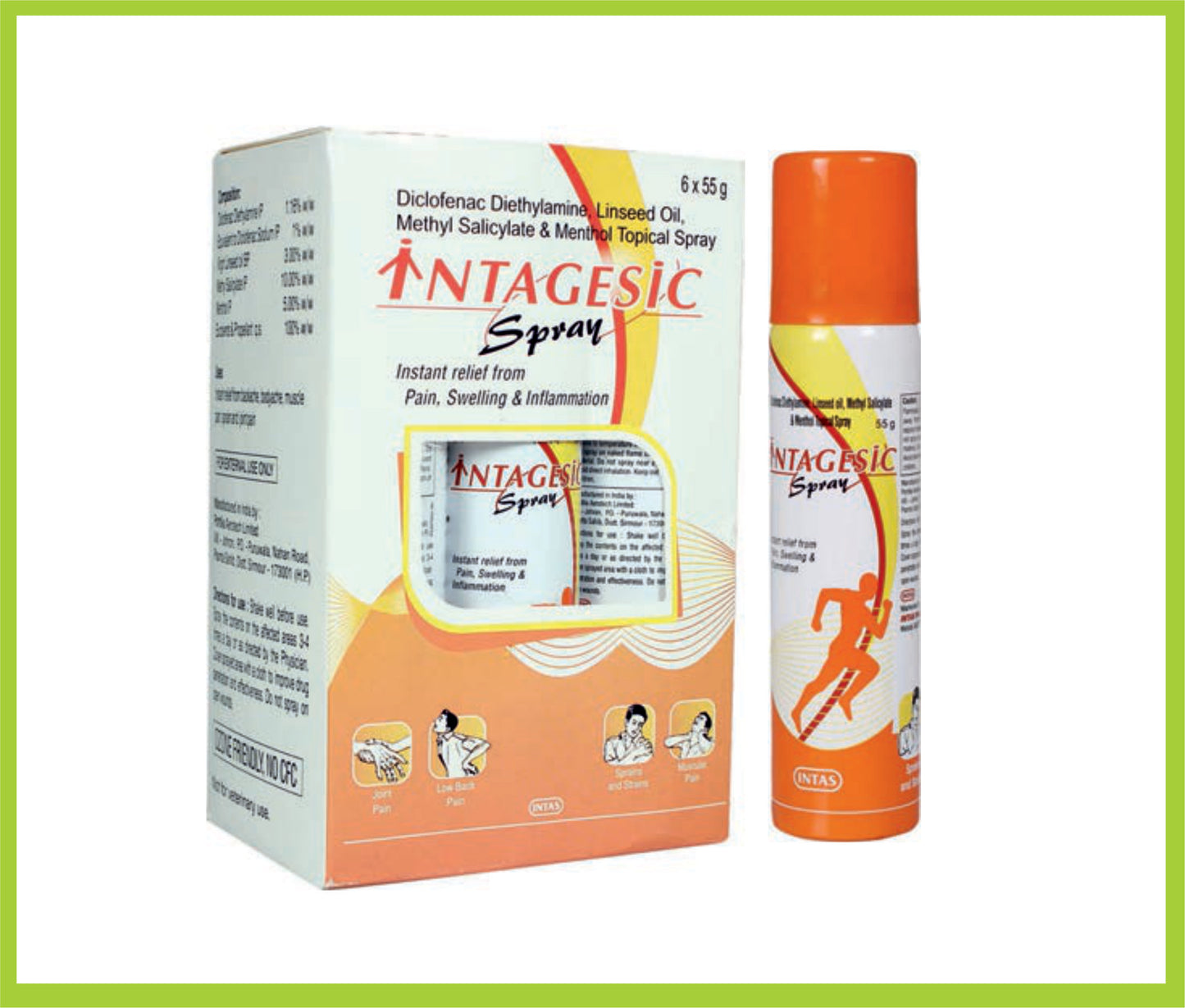 Intagesic Spray 55 Gm Diclofenac Diethylamine 1.16% + Methyl Salicylate 10% + Oleum Linseed Oil 3% + Menthol 5% + Benzyl Alcohol 1% + Iso Propyl Alcohol 39.84% + Deodorised LPG 40% by Intas