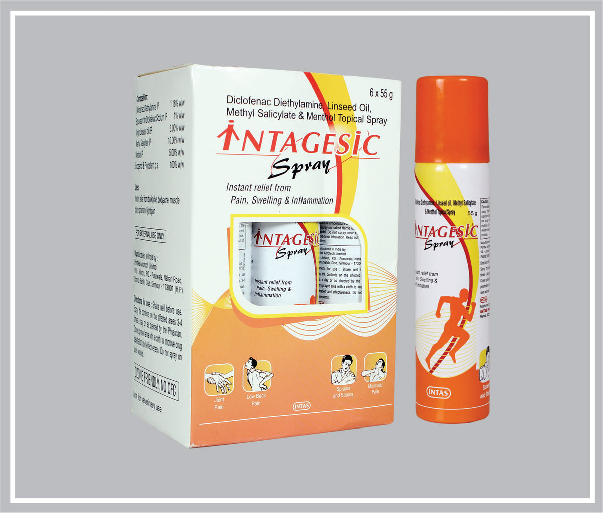 Intagesic Spray 55 Gm (Diclofenac Diethylamine 1.16% W/W, Methyl Salicylate 10% W/W, Linseed Oil 3% W/W, Menthol 5% W/W Spray) By Intas