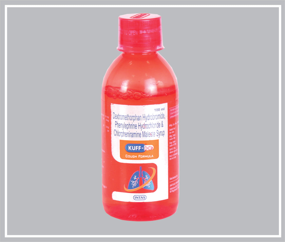 Kuff-D Nf 100 Ml (Pvc Label) (Dextromethorphan 10 Mg/5 Ml, Phenylephrine 5 Mg/5 Ml, Chlorpheniramine 2 Mg/5 Ml Syr) By Intas