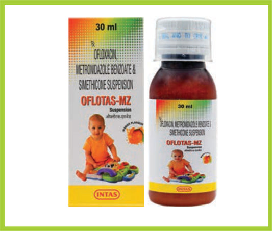 Oflogyl-Mz Suspension 30 Ml Ofloxacin 50 mg + Metronidazole 120 mg + Simethicone 10 mg by Intas