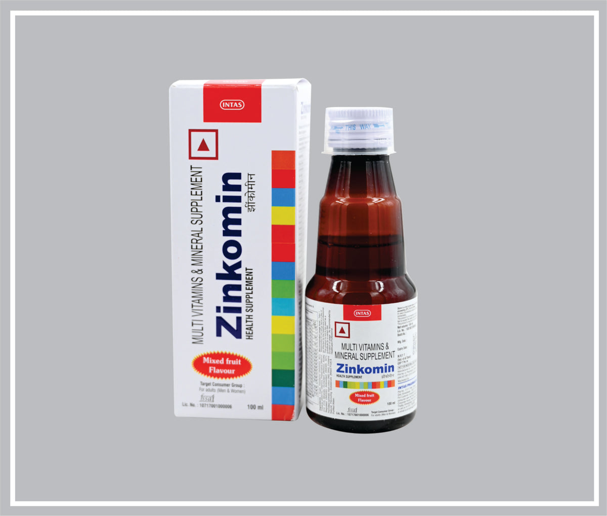 Zinkomin 100 Ml (Vitamin A 240 Mcg, Vitamin B1 0.75 Mg, Vitamin B2 0.75 Mg, Vitamin B3 7.5 Mg, Vitamin B5 0.5 Mg, Vitamin B6 0.5 Mg, Vitamin B12 0.5 Mcg, Vitamin D3 2.5 Mcg, Vitamin E 2.5 Mg, Lysine 5 Mg, Zinc 9 Mg, Copper 0.3 Mg, Iodine 38 Mcg) By Intas