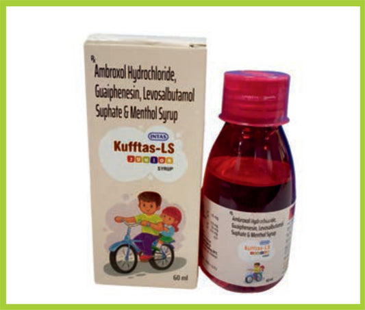 Kufftas Ls Junior Syrup 60 Ml Ambroxol Hydrochloride 15 mg + Levosalbutamol 0.5 mg + Guaiphenesin 50 mg + Menthol 0.5 mg by Intas