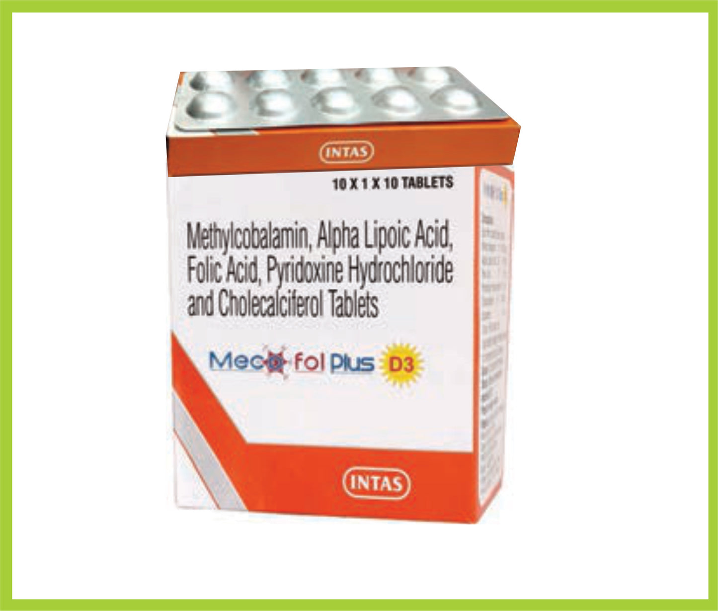 Mecofol Plus D3 10 Tab Methylcobalamin 1500 mcg + Alpha Lipoic Acid 100 mg + Folic Acid 1.5 mg + Pyridoxine Hydrochloride 3 mg + Cholecalciferol 1000 IU by Intas