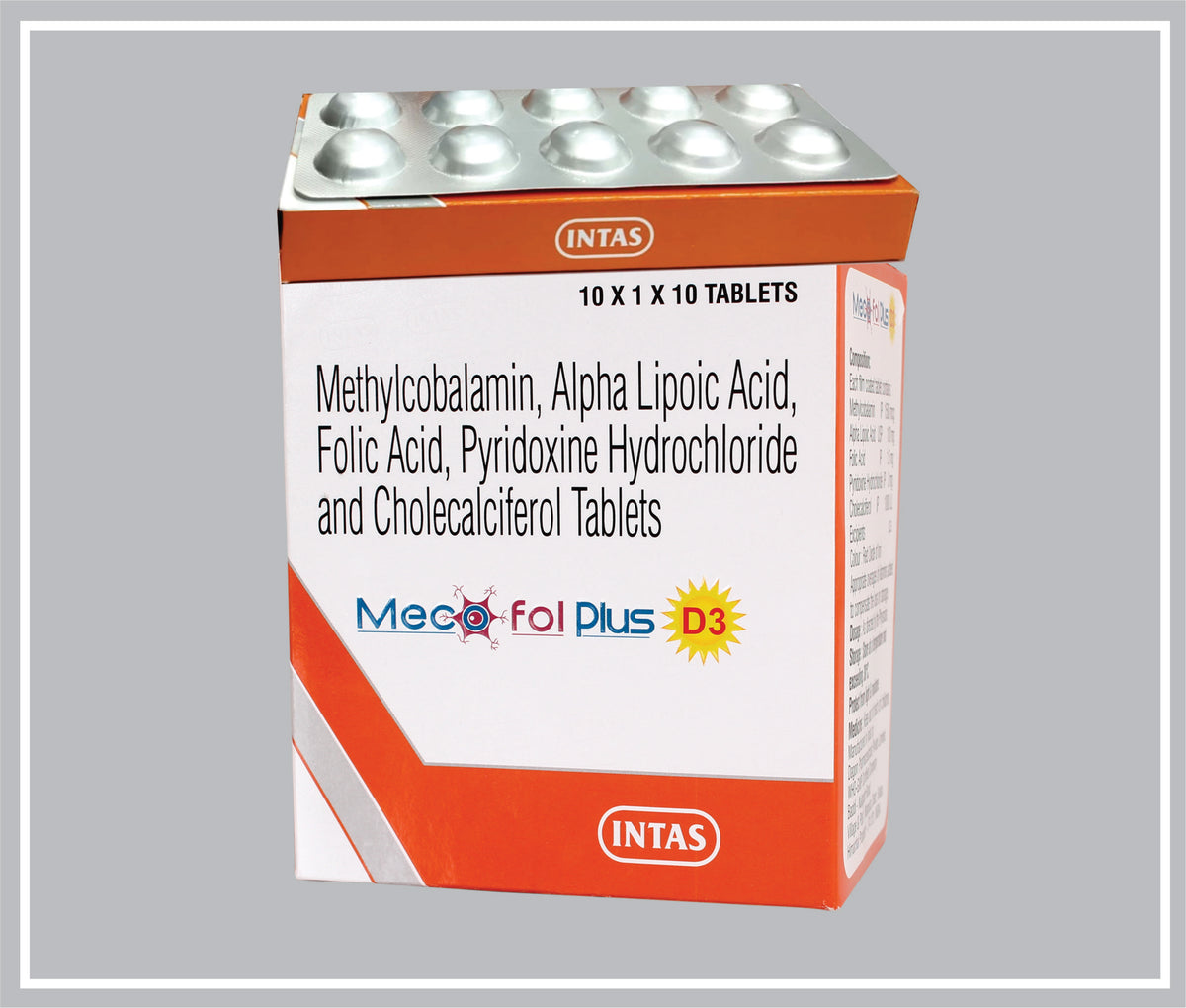 Mecofol Plus D3 10 Tab (Methylcobalamin 1500Mcg + Alpha Lipoic Acid 100Mg + Folic Acid 1.5Mcg + Pyridoxine Hydrochloride 3Mg + Cholecalciferol 1000Iu ) By Intas