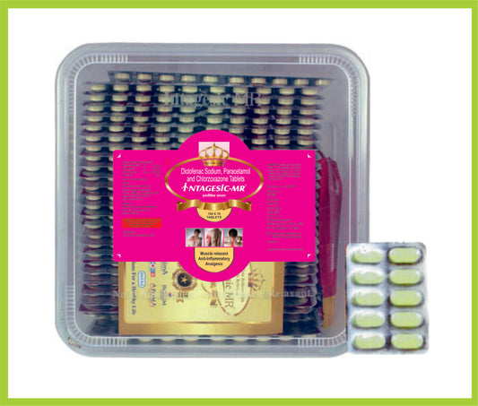 Intagesic-Mr 10 Tab (100 Strip) (Combo) Diclofenac 50 mg + Paracetamol 325 mg + Chlorzoxazone 250 mg by Intas