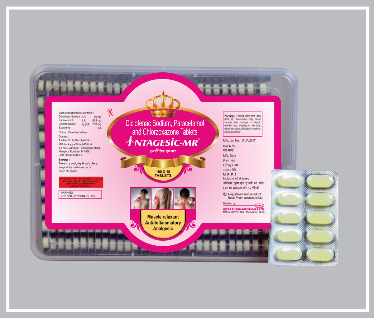Intagesic-Mr 10 Tab (100 Strip) (Combo) (Diclofenac Sodium 50 Mg, Paracetamol 325 Mg, Chlorzoxazone 250 Mg Mr Tab) By Intas