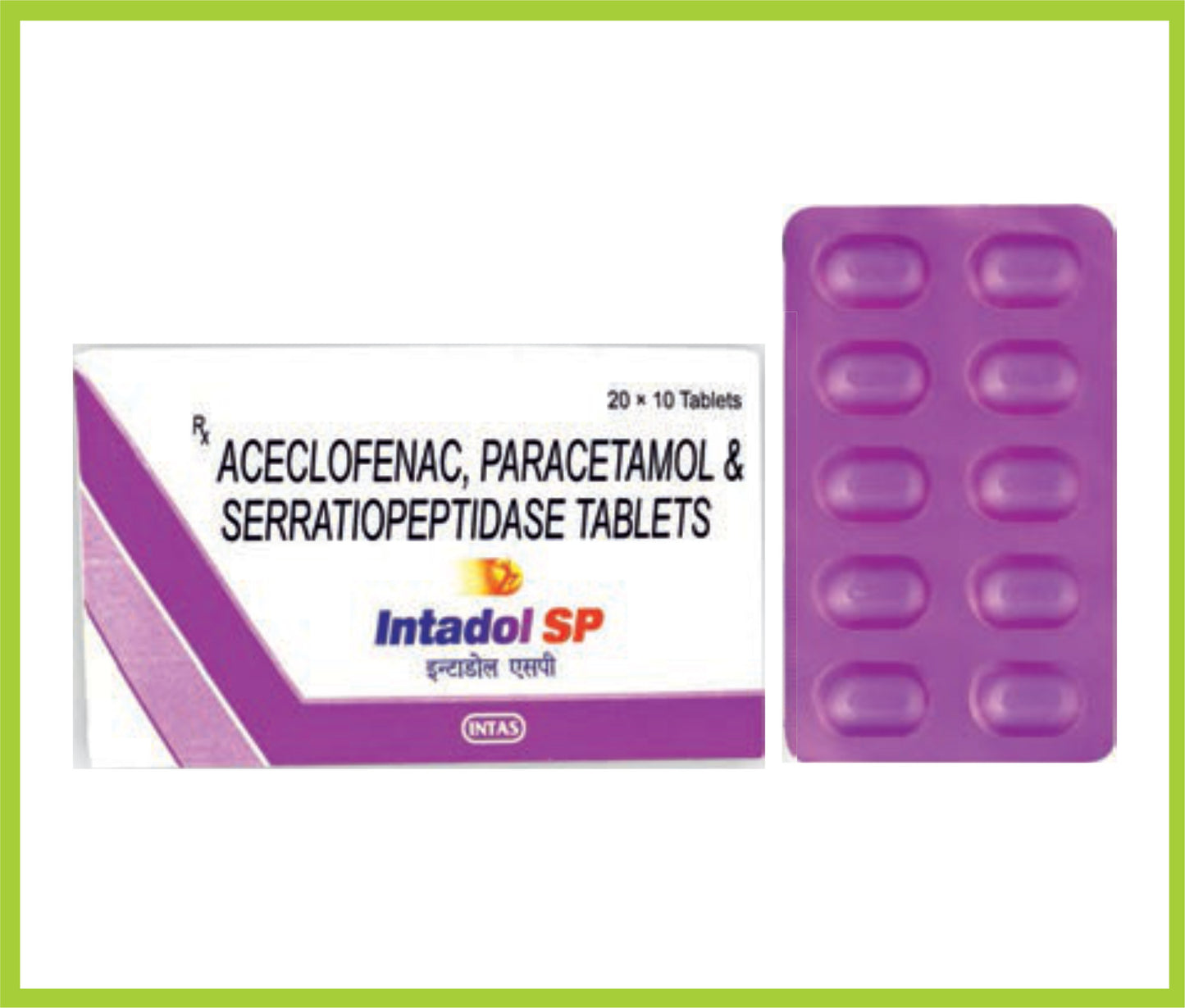Intadol- Sp 10 Tab (Combo) Aceclofenac 100 mg + Paracetamol 325 mg + Serratiopeptidase 10 mg by Intas