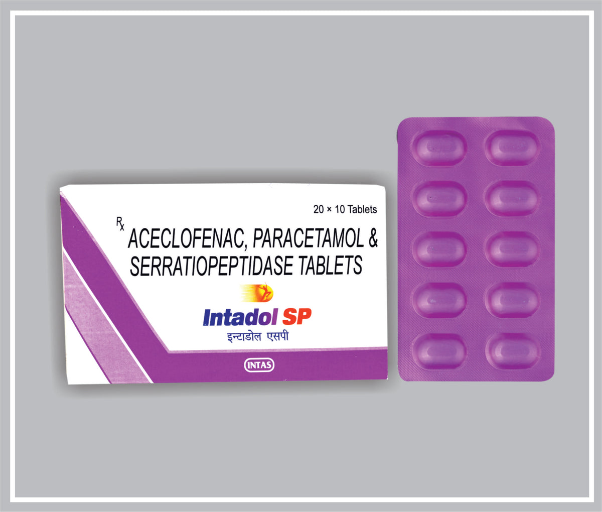Intadol- Sp 10 Tab (Combo) (Aceclofenac 100 Mg, Paracetamol 325 Mg, Serratiopeptidase 10 Mg Tab) By Intas