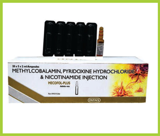 Mecofol Plus Inj 2 Ml Mecobalamin 1000 mcg + Vitamin B6 100 mg + Nicotinamide 100 mg by Intas