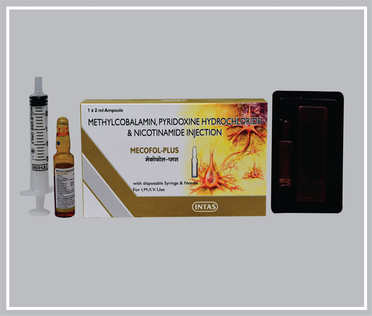 Mecofol Plus Inj 2Ml (Dispo Pack) (Methylcobalamin 1000 Mcg, Vitamin B6 100 Mg, Nicotinamide 100 Mg Inj) By Intas