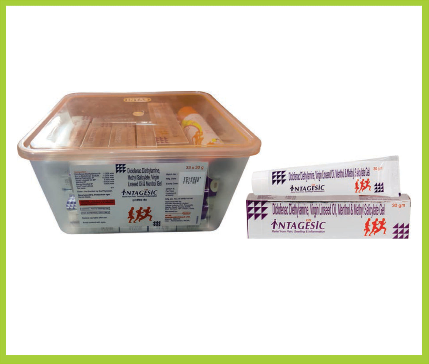 INTAGESIC GEL 33x30GM (COMBO) (Linseed Oil 3% w/w + Diclofenac Diethylamine 1.16% w/w + Methyl Salicylate 10% w/w + Menthol 5% w/w + Benzyl Alcohol 1% w/w) by Intas