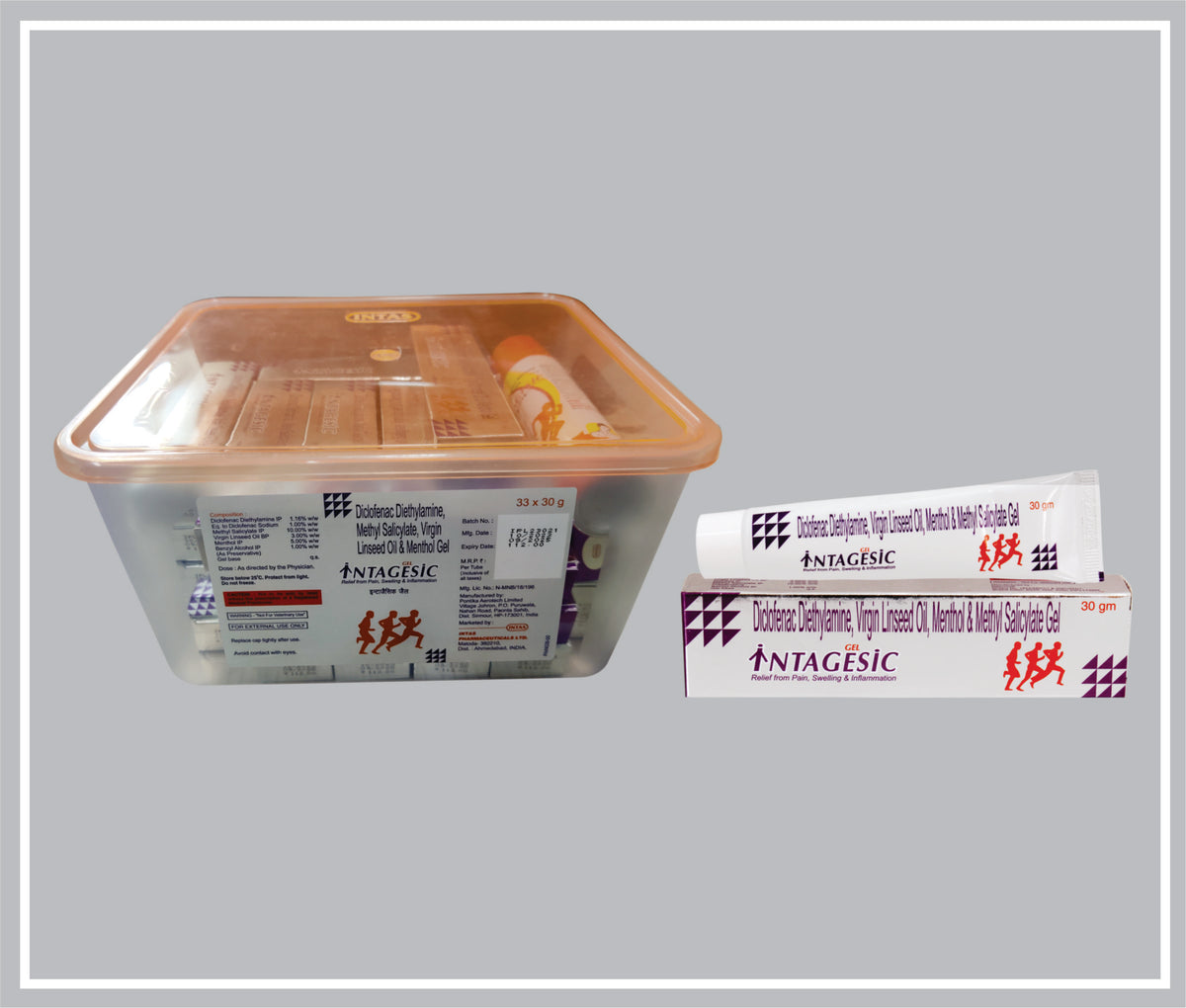 Intagesic Gel 33X30Gm (Combo) (Diclofenac Diethylamine 1.16% W/W, Methyl Salicylate 10% W/W, Linseed Oil 3% W/W, Menthol 5% W/W Gel) By Intas