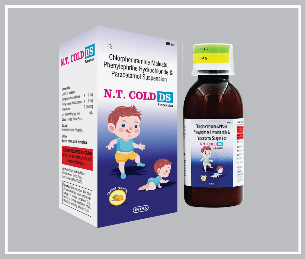 N.T. Cold Ds 60Ml (Paracetamol 250Mg + Phenylephrine Hydrochloride 5Mg + Chlorpheniramine Maleate 2Mg /5Ml ) By Intas