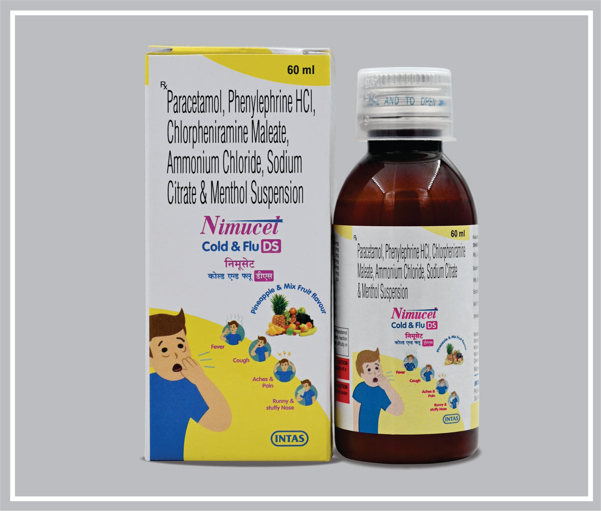 Nimucet Cold & Flu Ds Sus 60Ml (Paracetamol 250 Mg/5 Ml, Phenylephrine 5 Mg/5 Ml, Chlorpheniramine 2 Mg/5 Ml, Ammonium Chloride 120 Mg/5 Ml, Sodium Citrate 60 Mg/5 Ml, Menthol 1 Mg/5 Ml Susp) By Intas