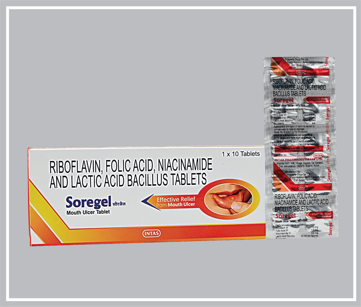 Soregel Tablet (10T) (Riboflavin 10 Mg, Folic Acid 1.5 Mg, Niacinamide 100 Mg, Lactic Acid Bacillus 60 Million Spores Tab) By Intas