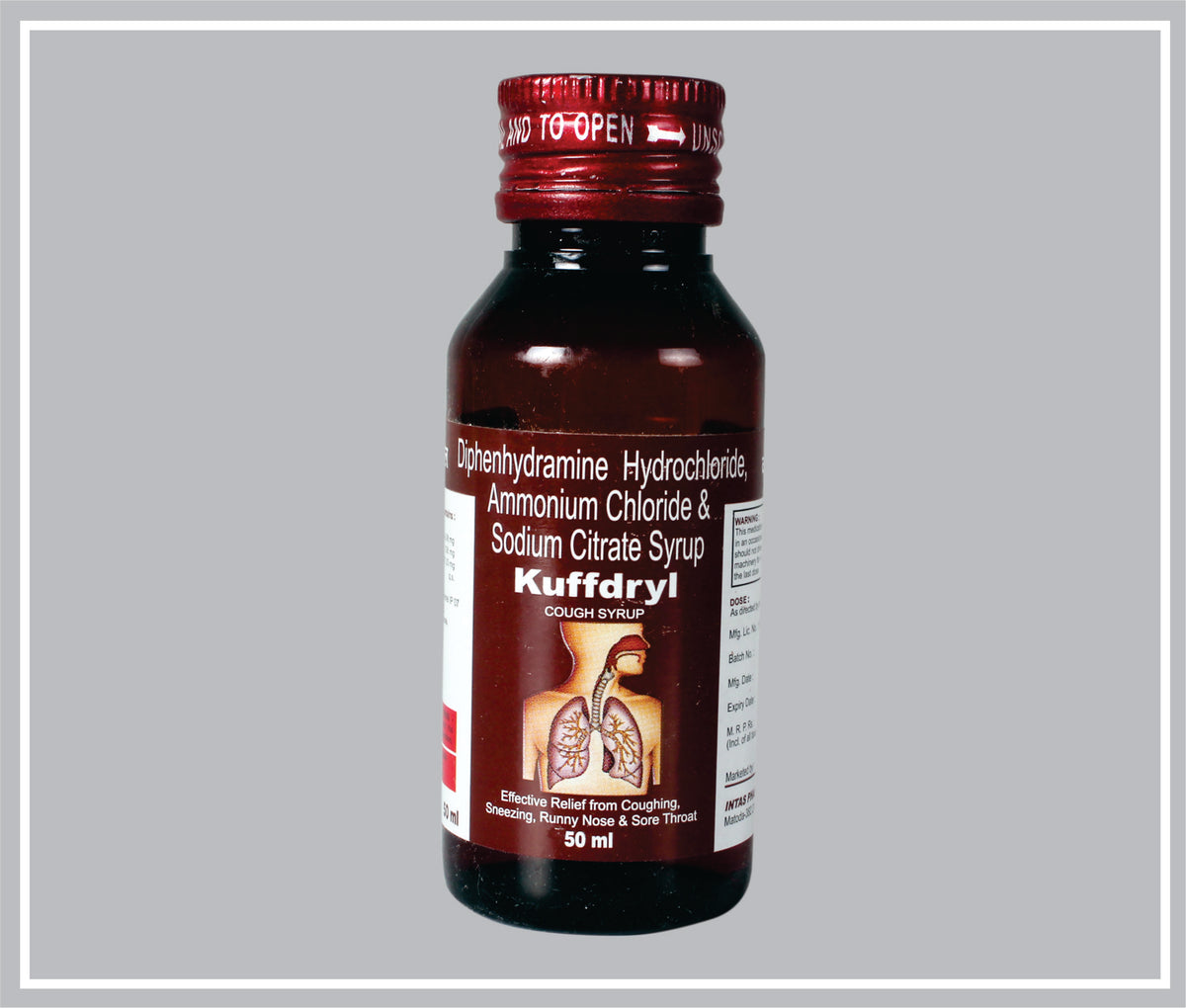 Kuffdryl 50Ml (Diphenhydramine Hydrochloride 14.08Mg + Ammonium Chloride 138Mg + Sodium Citrate 57.03Mg /5Ml ) By Intas
