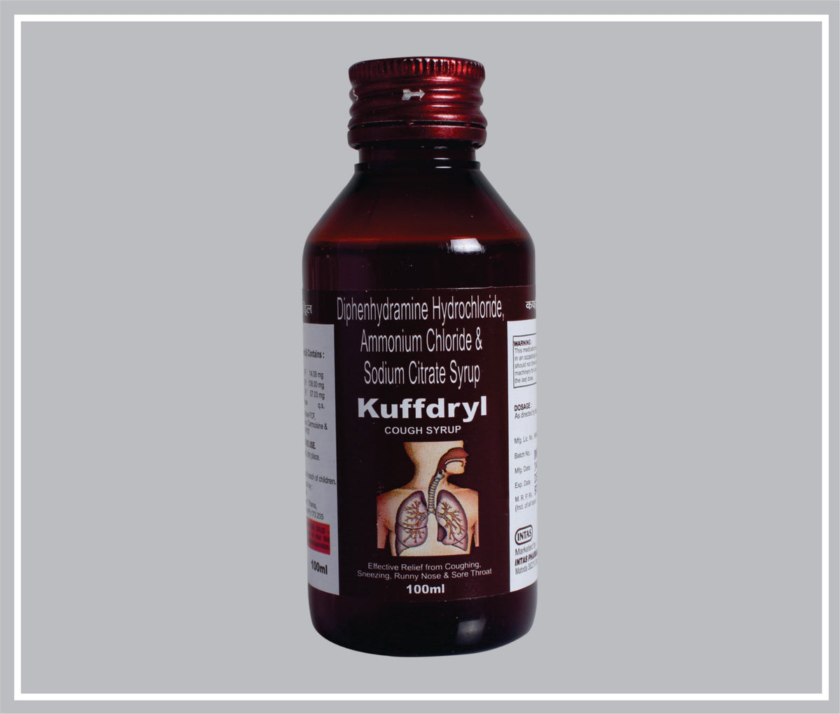 Kuffdryl 100Ml (Diphenhydramine Hydrochloride 14.08Mg + Ammonium Chloride 138Mg + Sodium Citrate 57.03Mg /5Ml ) By Intas
