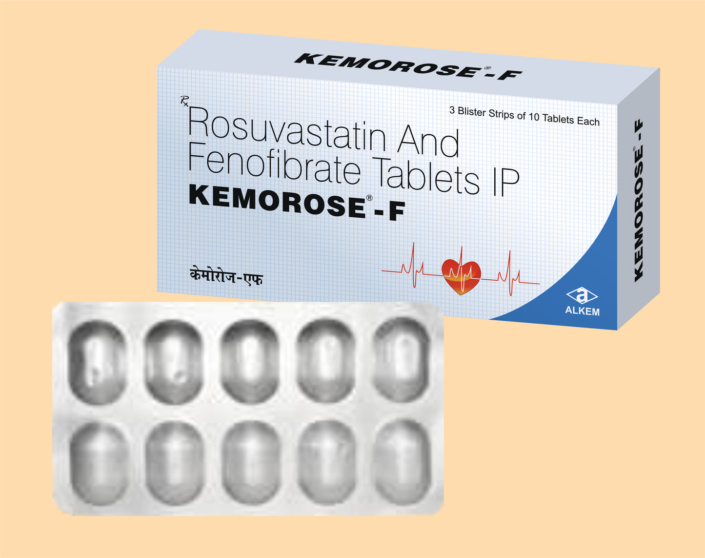 KEMOROSE F TABLETS (10'S) ( Rosuvastatin 10 Mg +Fenofibrate 160 Film Coated Tablet ) Alkem1