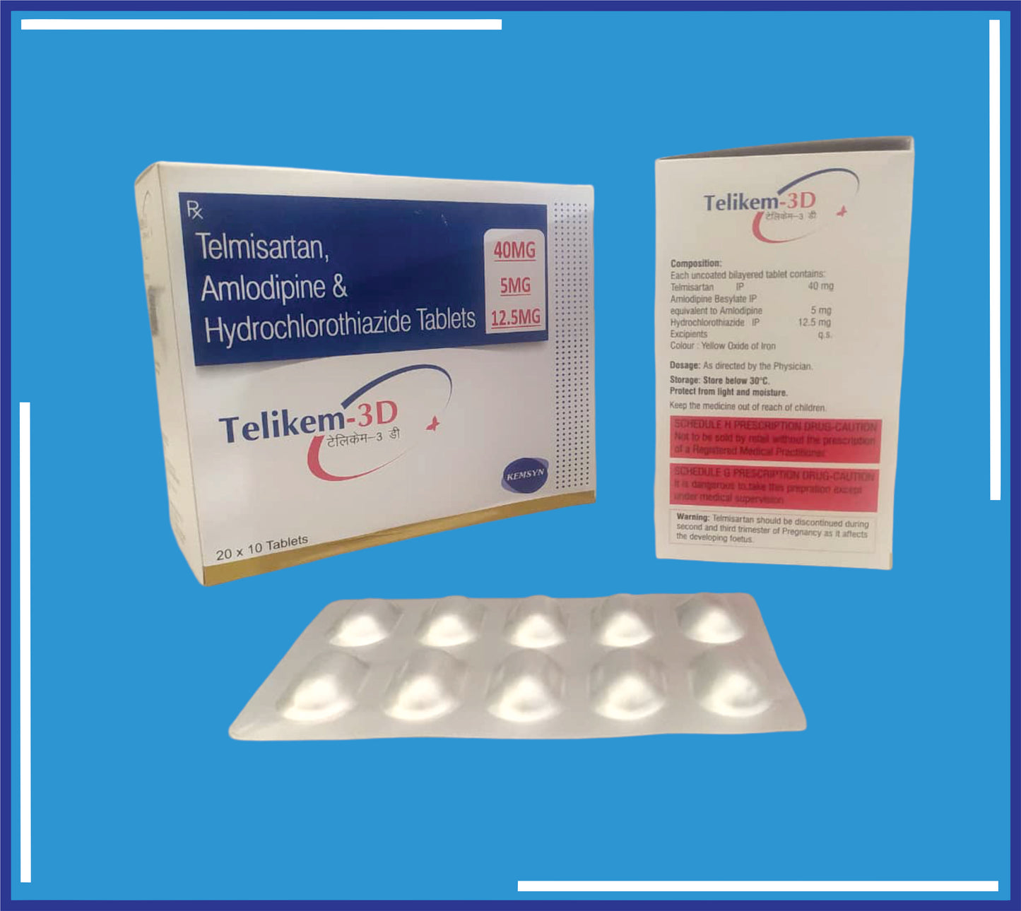 TELIKEM -3D TABLET (ALU-ALU) 20X10 (Telmisartan Ip 40Mg + Amodipine Besylate Ip 5Mg +Hydrochlorothiazide Ip 12.5Mg)by Kemsyn