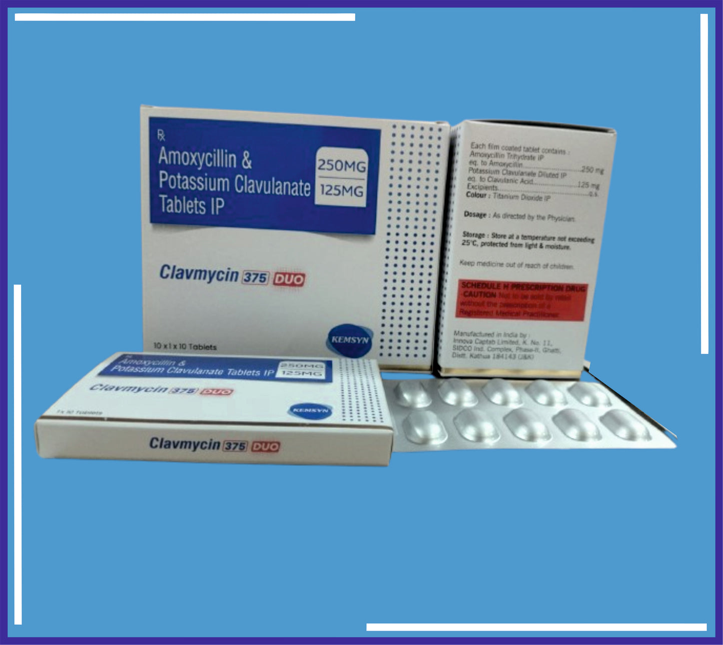 CLAVMYCIN 375 DUO TAB (ALU-ALU) 10X1X10 (Amoxycillin 250Mg + Clavulanate 125Mg)by Kemsyn