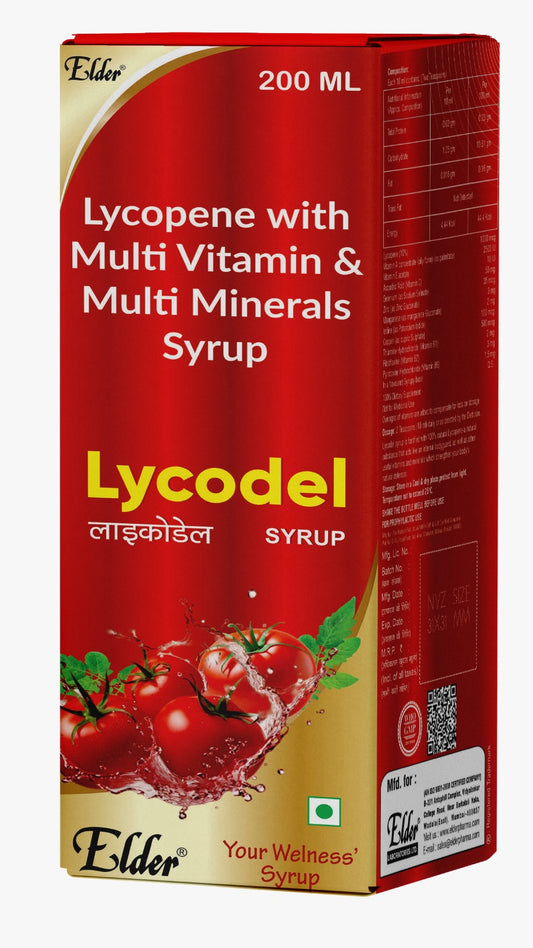 LYCODEL  SYP 225ML ( Lycopene 6% 2000mcg+ Vitamin A 2500 IU, Vitamin E Acetate 10 IU, Vitamin C 50 mg, Zinc Sulphate Monohydrate 27.45 mg, Selenium Dioxide 70 ) by Elder