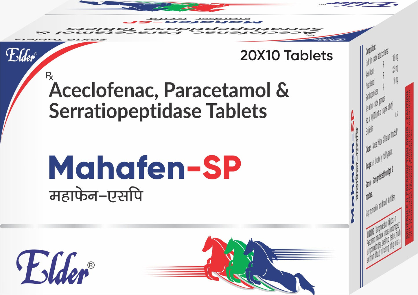 MAHAFEN SP TABS (100/325/15MG) 10'S ( Aceclo 100mg,Para 325mg,Serretio 10mg ) by Elder