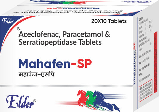 MAHAFEN SP TABS (100/325/15MG) 10'S ( Aceclo 100mg,Para 325mg,Serretio 10mg ) by Elder