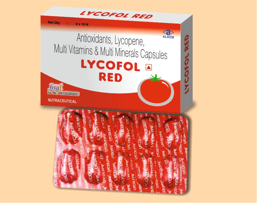 Lycofol Red Capsules 10's Multivitamin & multimineral With Lycopene, beta-carotene, Lutein ester, l-lysine by Alkem1