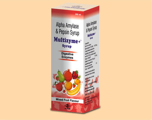 Multizyme+ Syrup (Mixed Fruit Flavour) 200Ml 200 ml Pepsin 12.5 mg + Fungal Diastase 18.75 mg by Alkem1
