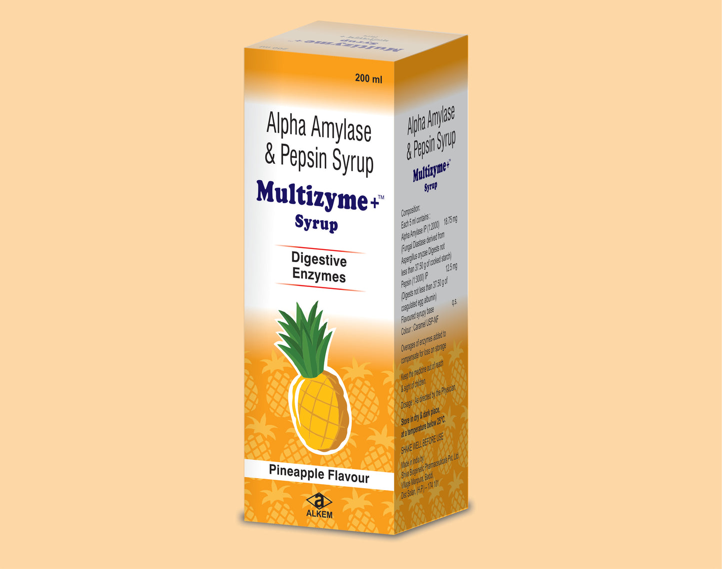 MULTIZYME,SYRUP(200ML)PINEAPPLE
FLAVOUR Pepsin 12.5 mg + Fungal Diastase 18.75 mg by Alkem1