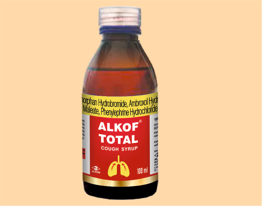 Alkof Total Cough Syrup (100Ml) 100ML Dextromethorphan Hydrobromide 10 mg + Ambroxol HCl 15 mg + Chlorpheniramine Maleate 2 mg + Phenylephrine 5 mg + Menthol 1.5 mg by Alkem1