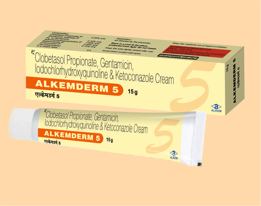 Alkemderm 5 Cream ( 15 G ) (15 Gm) Clobetasol 0.05%, Gentamicin 0.10%, Iodochlorhydroxyquinoline 1%, Ketoconazole 2%, Chlorocresol 0.10% Cream By Alkem1