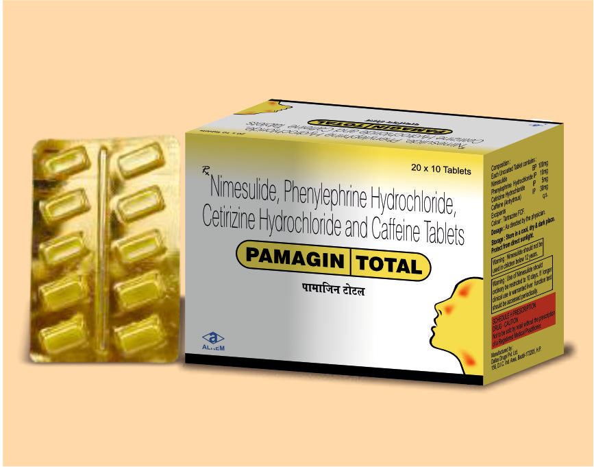 PAMAGIN TOTAL TABLETS (10'S) Nimesulide 100 mg + Phenylephrine Hydrochloride 10 mg + Cetirizine Hydrochloride 5 mg + Caffeine 30 mg by Alkem1