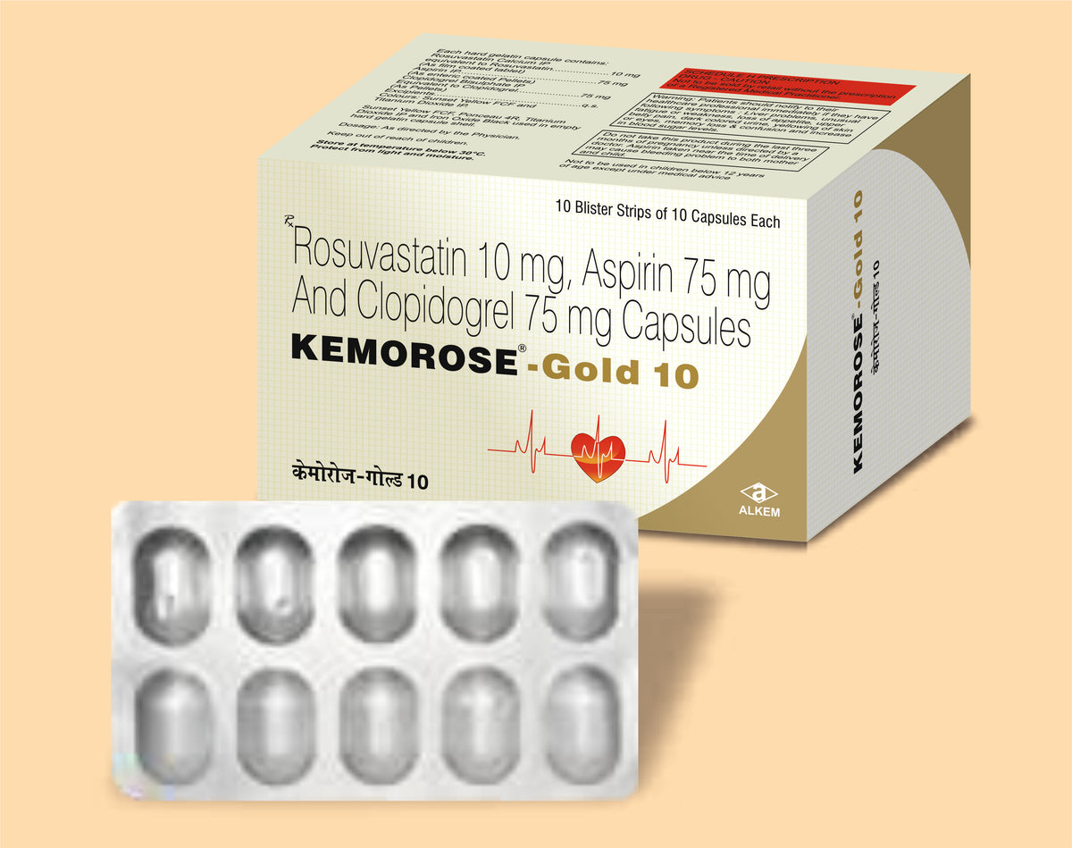 Kemorose Gold 10 Capsules (10'S) (10'S) Rosuvastatin 10 Mg, Aspirin 75 Mg, Clopidogrel 75 Mg Cap By Alkem1