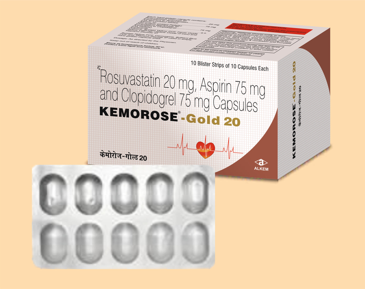 KEMOROSE GOLD 20 CAPSULE (10'S) (Rosuvastatin 20 mg + Aspirin 75 mg + Clopidogrel 75 mg) by Alkem1