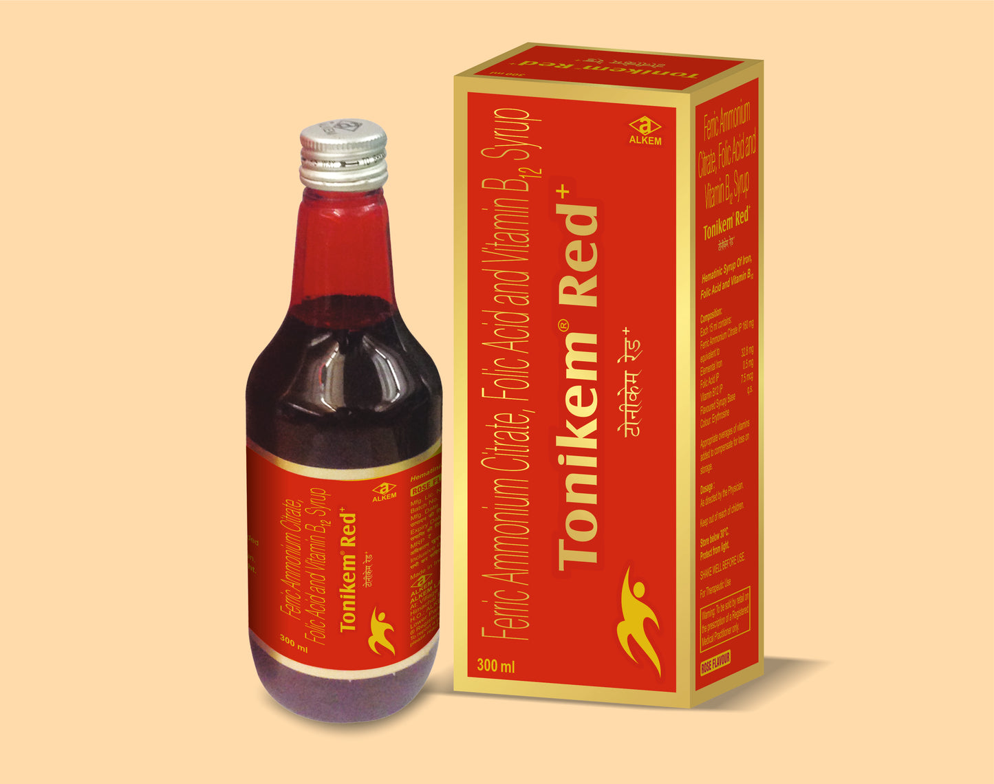 TONIKEM RED SYRUP (300ML) Ferric Ammonium Citrate 160 mg + Folic Acid 0.5 mg + Vitamin B12 7.5 mcg by Alkem1