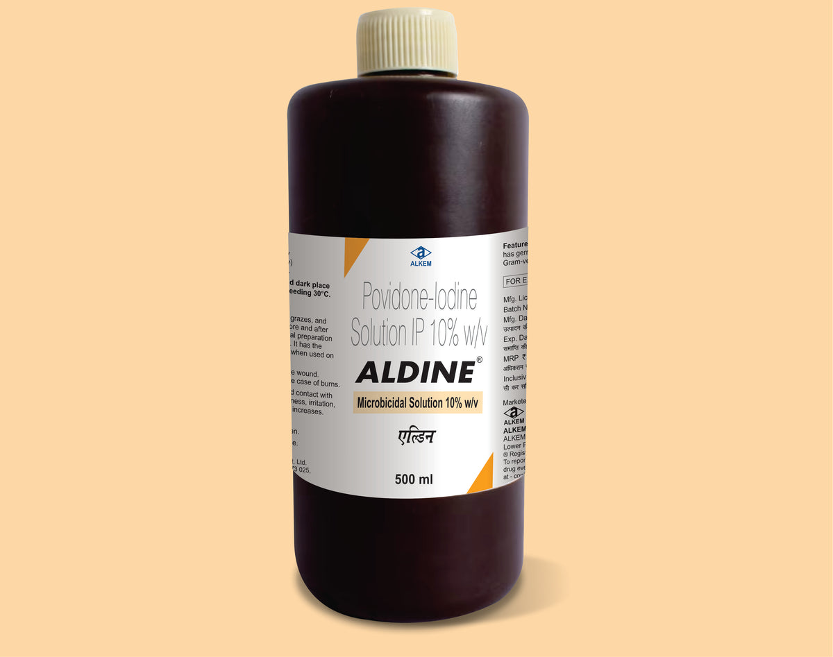 Aldine Microbicidal Solution 10% (500Ml) (500Ml) Povidone Iodine 10% W/V Solution By Alkem1