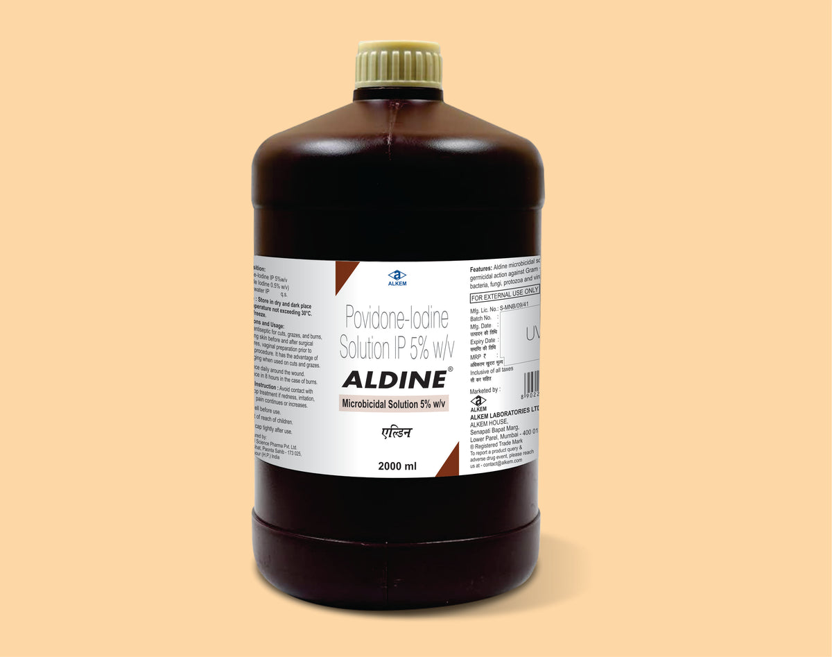 Aldine Microbicidal Solution 2000 Ml (2000Ml) Povidone Iodine 5% W/V Solution By Alkem1