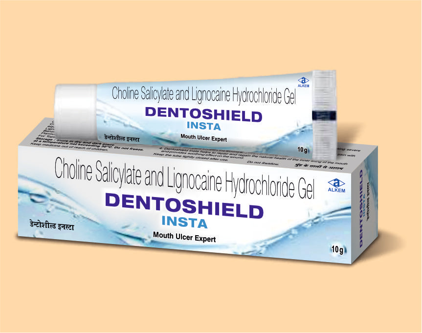 DENTOSHIELD INSTA MOUTH ULCER GEL 10GM (Choline Salicylate 8.7% w/w + Lignocaine HCl 2% w/w + Benzalkonium Chloride 0.01% w/w) by Alkem1