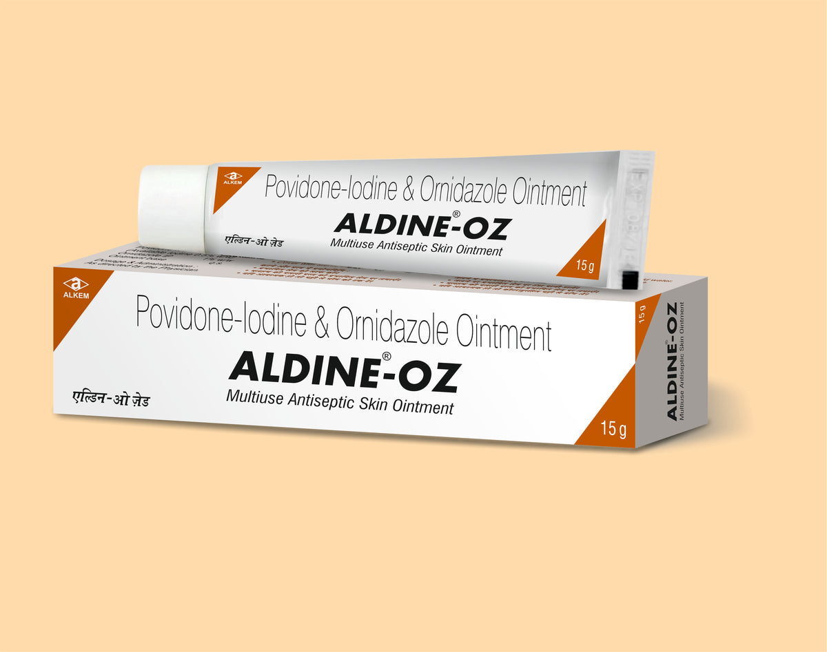Aldine-Oz Ointment 15Gm (15 Gm) Povidone Iodine 5% W/W, Ornidazole 1% W/W Oint By Alkem1
