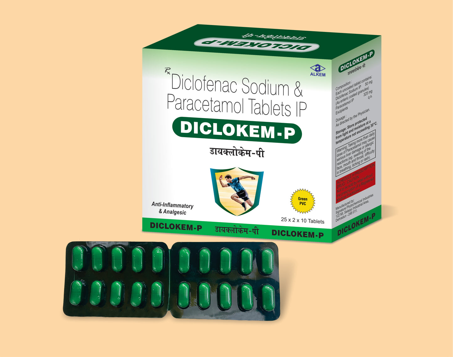 Diclokem P Tablet (Green 10'S) 10s Diclofenac Sodium 50 mg + Paracetamol 325 mg by Alkem1