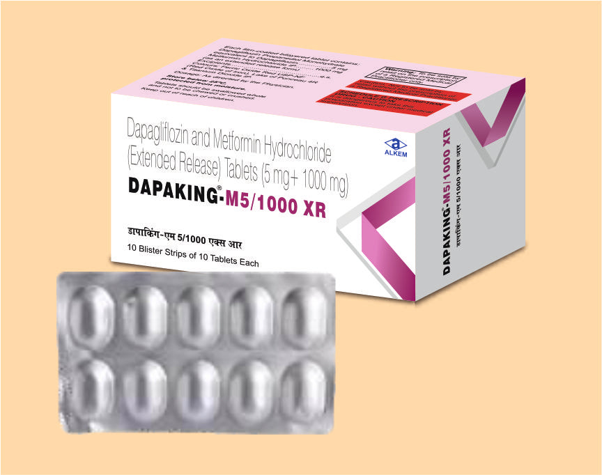 Dapaking - M 5/1000 Xr 10'S Tablets 10's Dapagliflozin 5 mg + Metformin 1000 mg by Alkem1